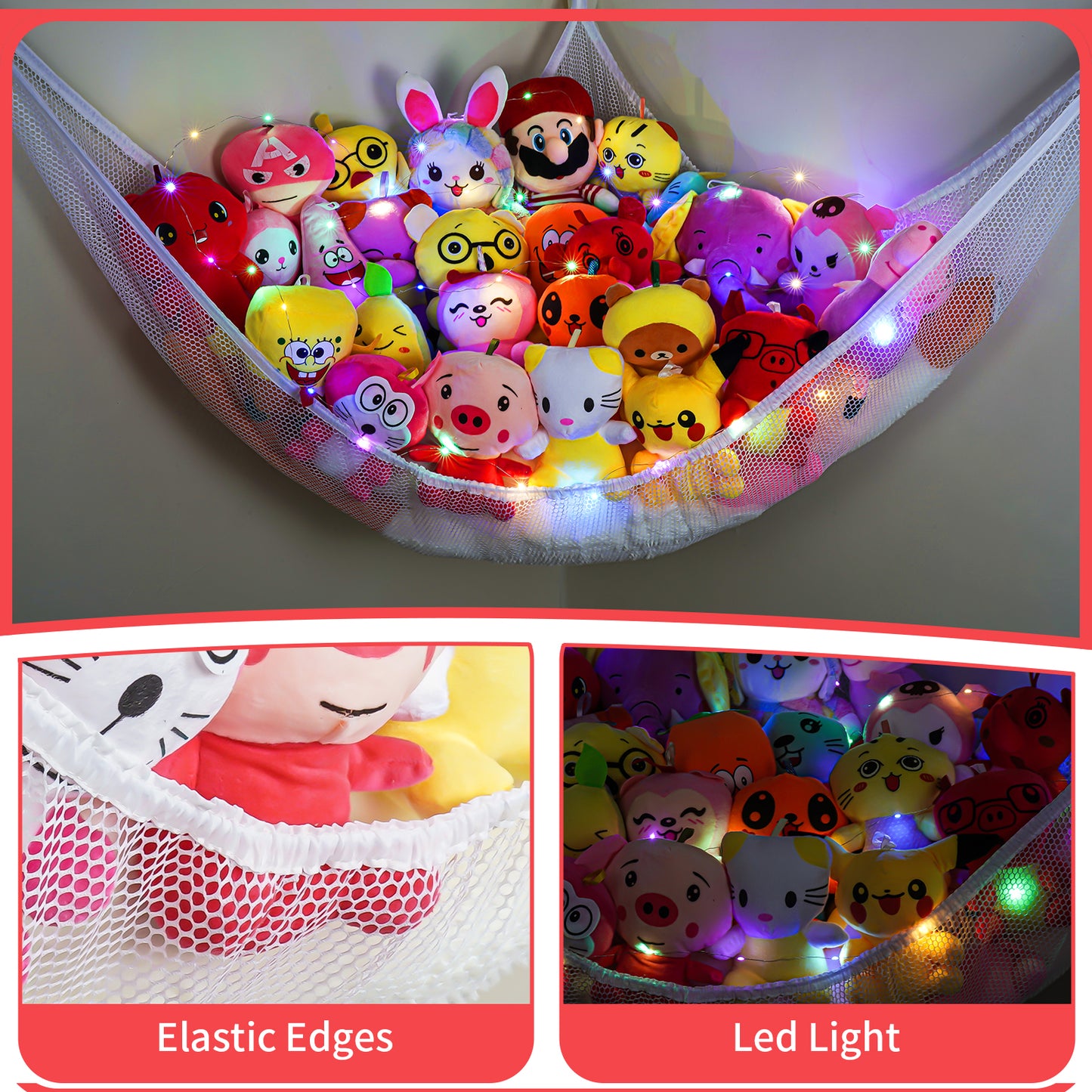 Gift Set of 2 Stuffed Animal Storage Hammock Nets with LED Light - 71x47x47″