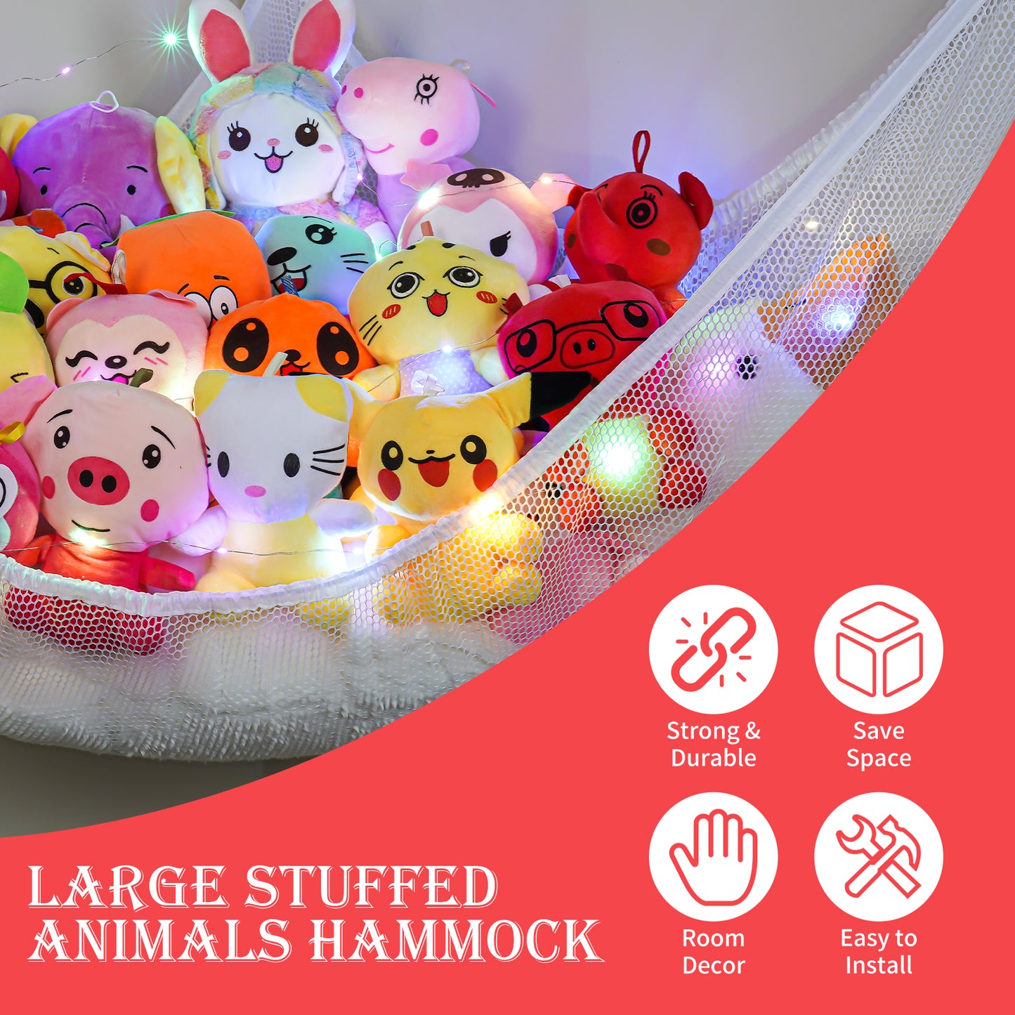 Gift Set of 2 Stuffed Animal Storage Hammock Nets with LED Light - 71x47x47″